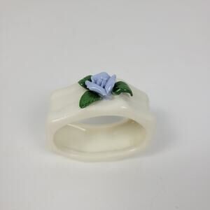 Vintage Genuine‎ Porcelain Napkin Ring Set White Blue Rose Green Leaf Set of 6